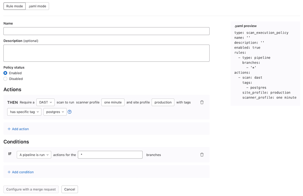 Scan Execution Policy Editor YAML Mode