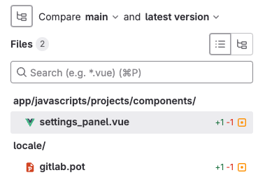 File browser showing 2 changed files with their locations and line change indicators