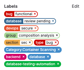 The Labels section of a merge request, showing 10 labels in different colors, including "database" and "type: bug"