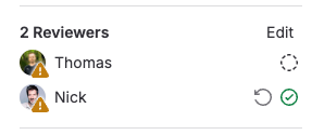 The Reviewers section of a merge request, listing 2 reviewers