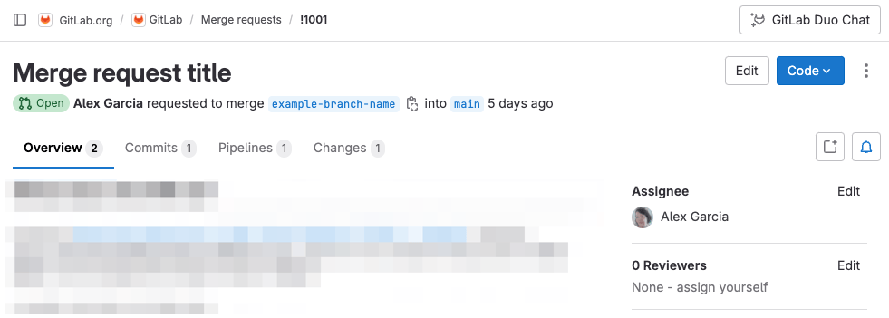 Merge request with the Overview tab selected, showing title, requester, and status, alongside the Commits, Pipelines, and Changes tabs