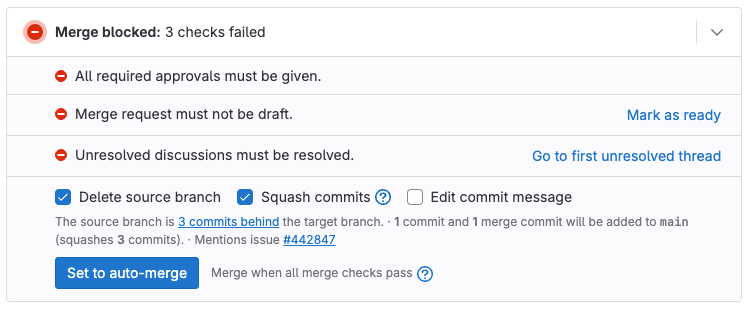 Merge widget showing blocked status with three failed checks: missing approvals, draft mode, and unresolved discussions