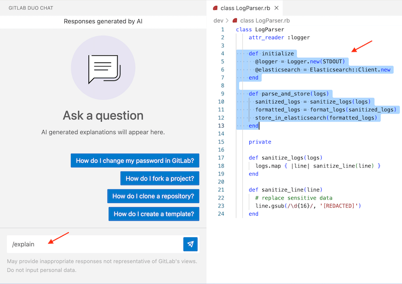 选择代码并使用 /explain 斜杠命令要求极狐GitLab Duo Chat 进行解释。