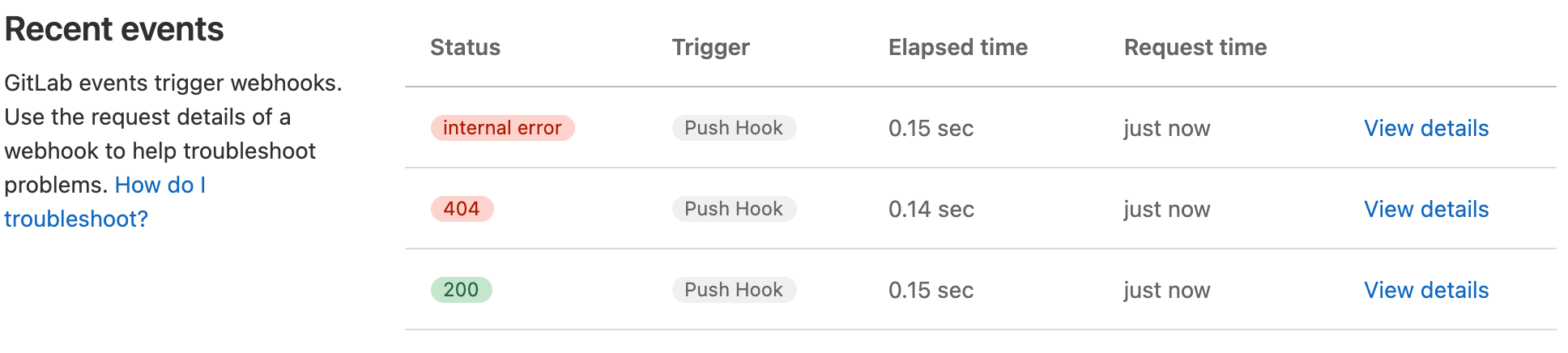 显示状态码和响应时间的 Webhook 事件日志