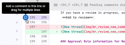 Code diff interface showing a speech bubble button next to a line number with a tooltip for adding a comment to one or multiple lines