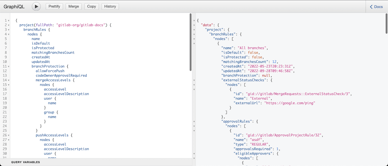 GraphiQL explorer query for branch rules