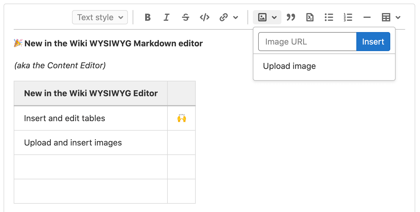 在Wiki内容编辑器中创建表格和上传图片
