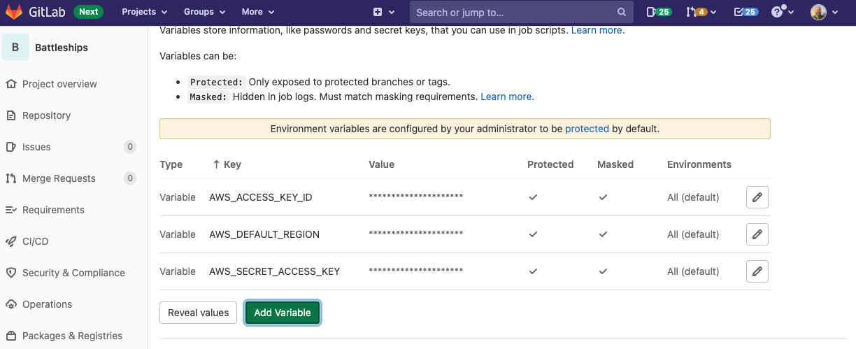 Configure AWS credentials as masked CI/CD variables