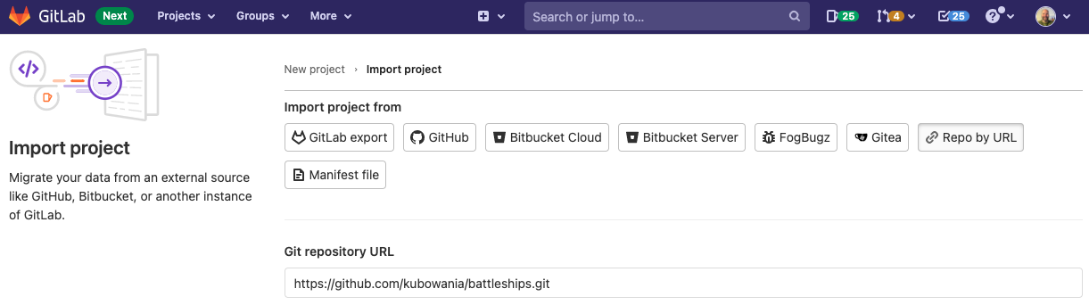 Import the GitHub repository into GitLab